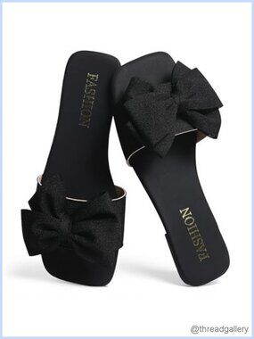 Square Toe Flat Slide Sandals with Flower Bow Faux Leather Summer Slippers